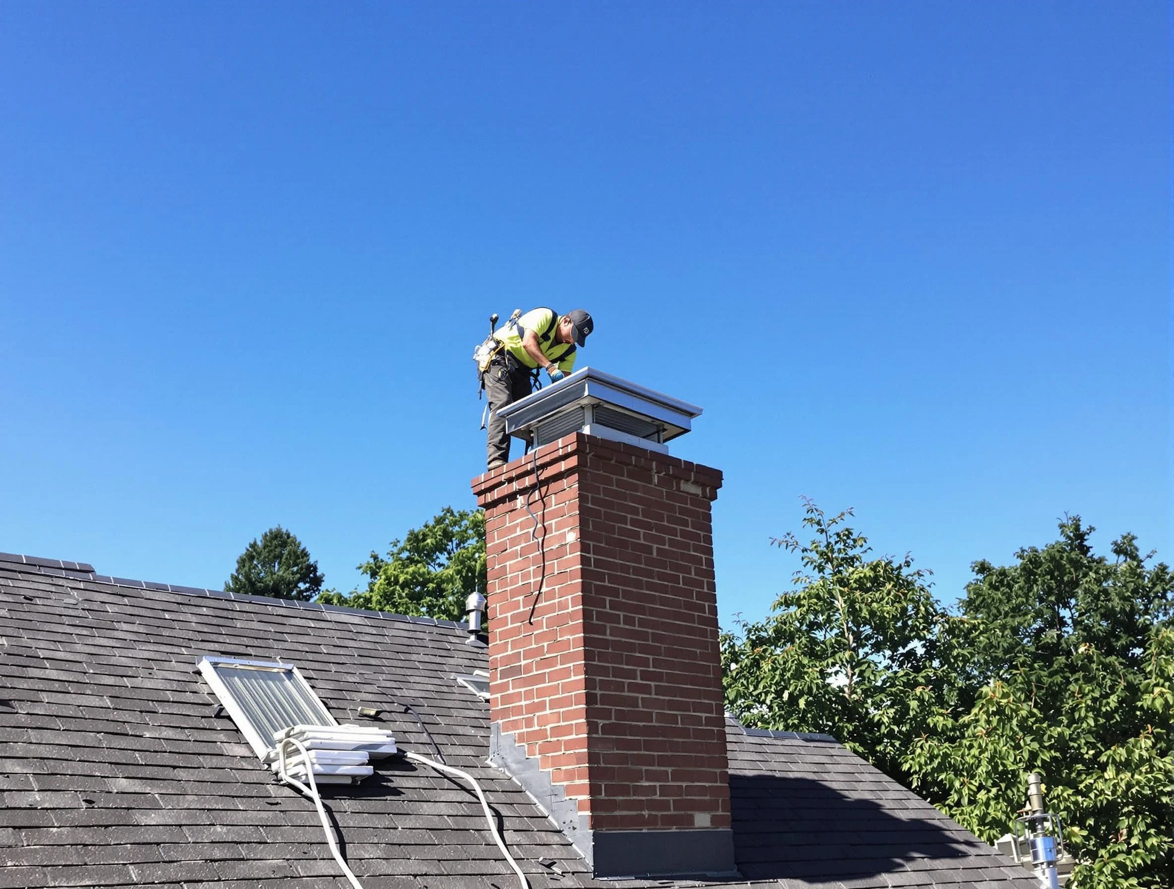 Brookhaven Chimney Sweep technician measuring a chimney cap in Brookhaven, GA